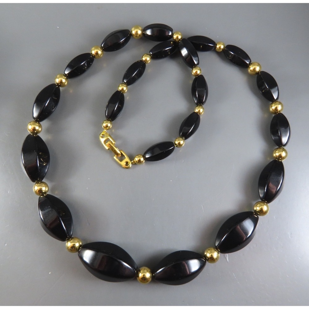 Vintage NAPIER BEADED NECKLACE Black Oblong Beads GOLD SPACERS Graduated 25"